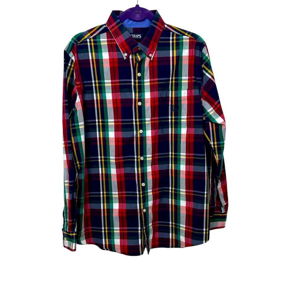 Chaps Plaid Button Down Front Pocket Long Sleeves Red Green Blue White Men Large